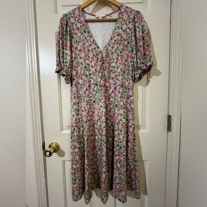 Boden Pink and Green Buttoned Ruffled Midi Sundress